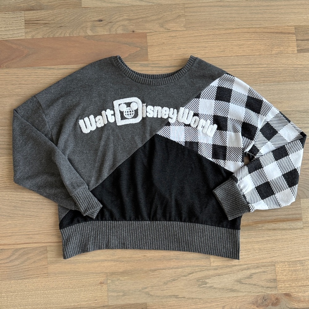 Disneyland black and white buffalo plaid color block sweater